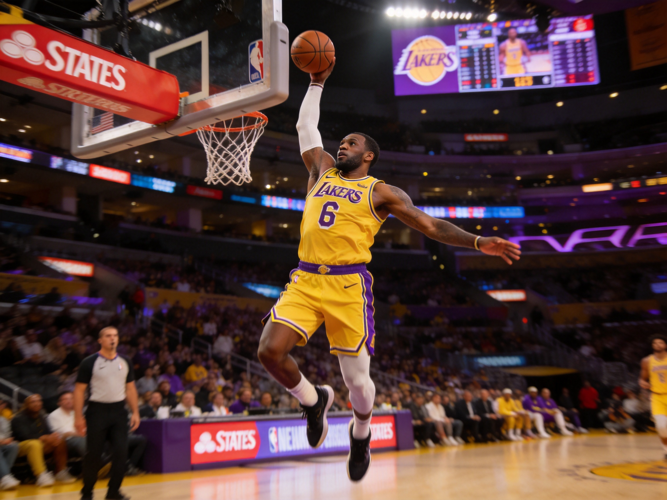 NBA湖人队球员快攻扣篮的精彩瞬间